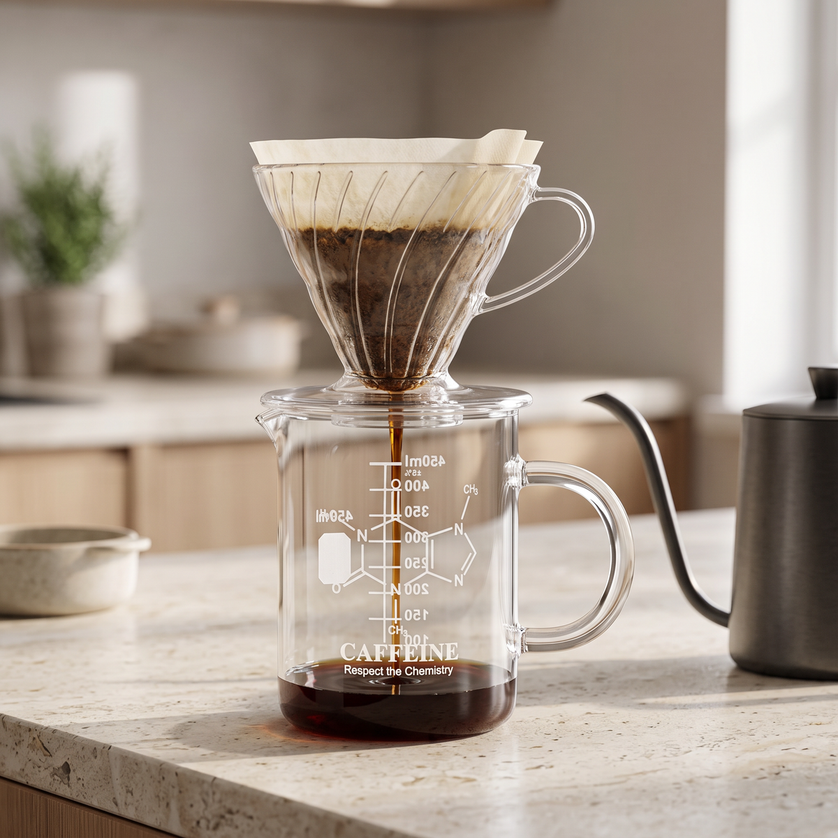 Borosilicate glass coffee server with measurement marks under a pour-over brew on a stone counter