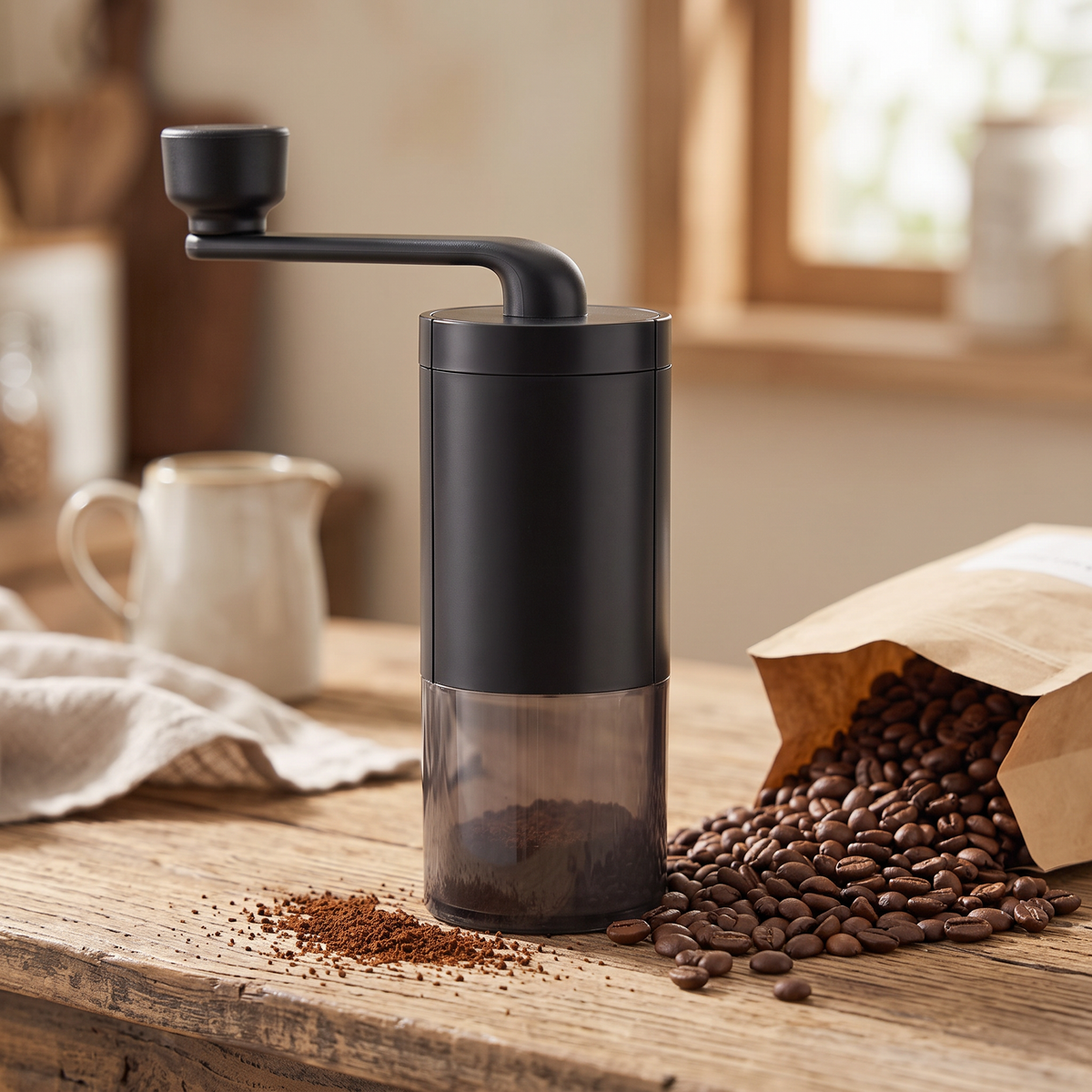 Manual ceramic burr coffee hand grinder with whole beans and a coffee bag on a wooden counter