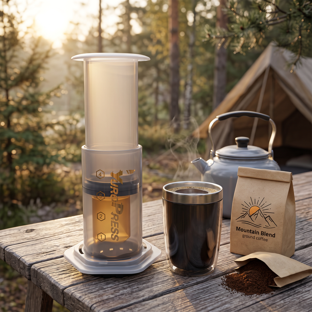 Portable air-pressure travel coffee press on a camping table at sunrise with a travel mug of coffee