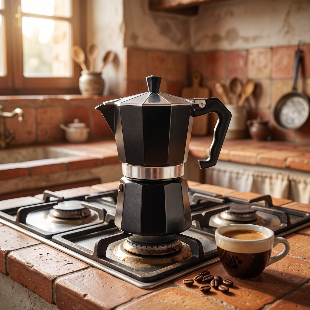 Classic aluminum stovetop moka pot on a gas burner in a rustic kitchen with an espresso cup