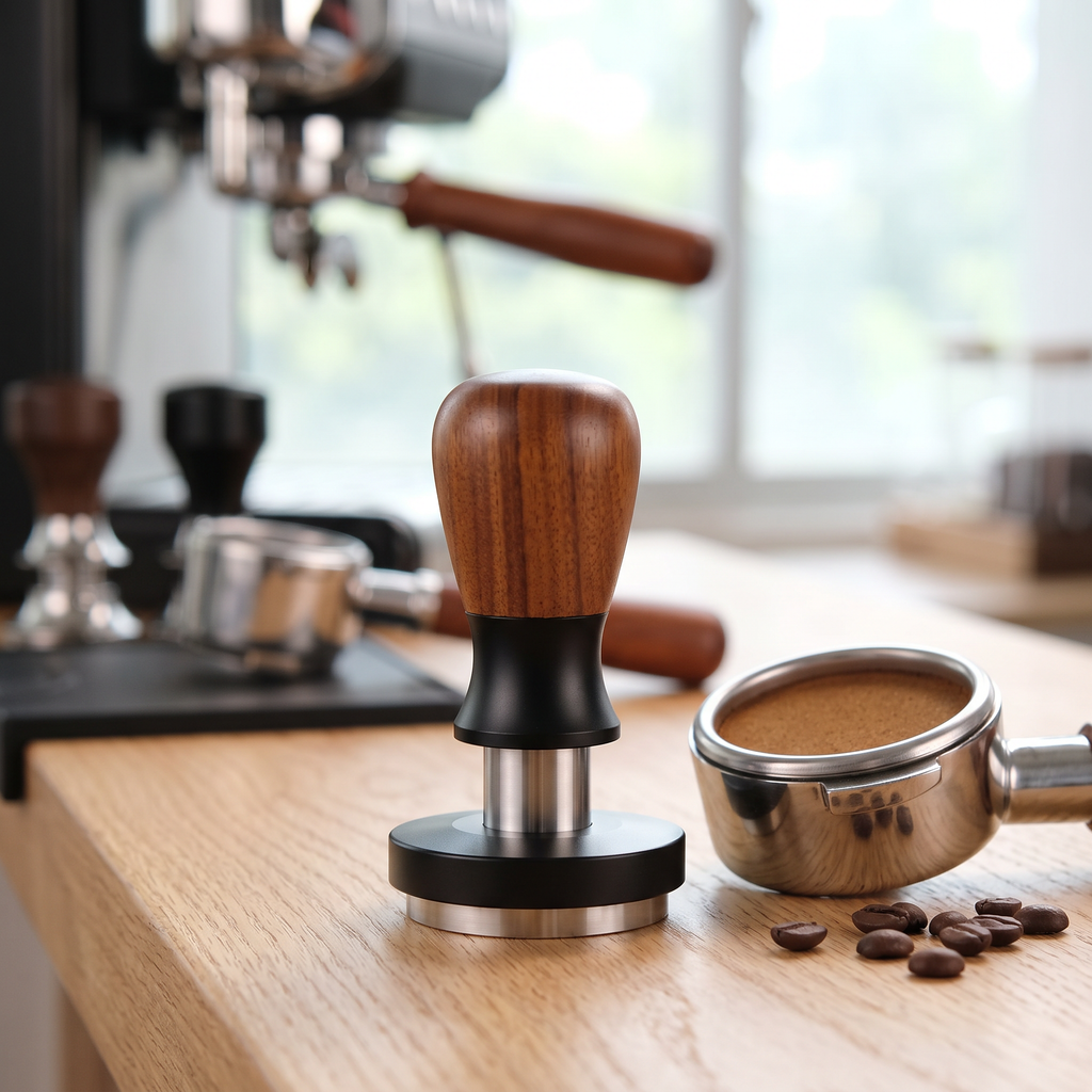 58mm constant pressure espresso tamper beside a tamped portafilter on an oak espresso bar