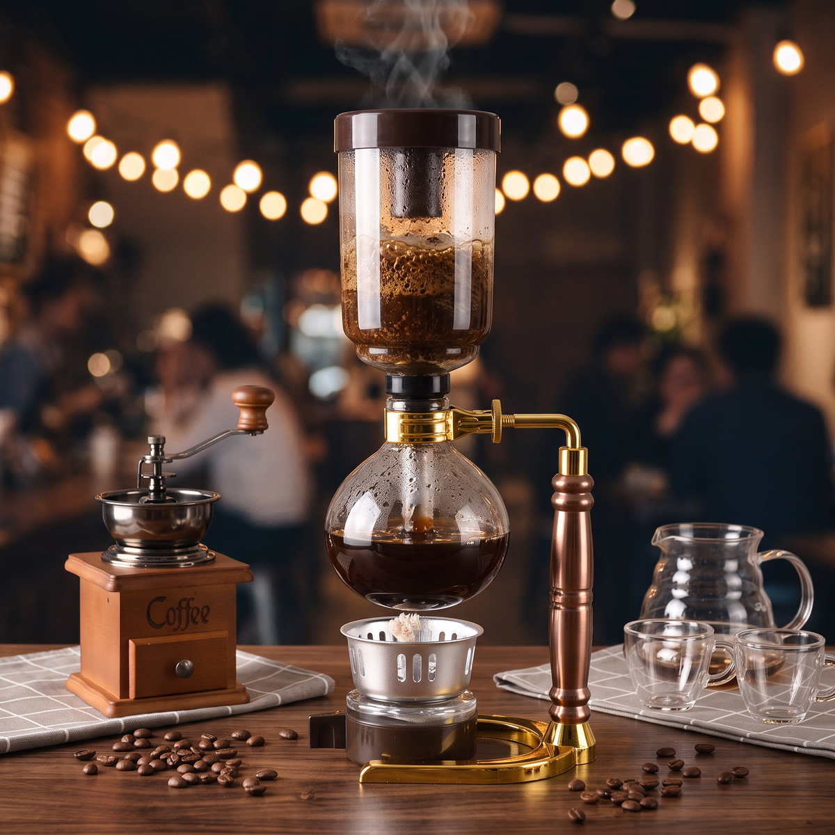 Glass siphon vacuum coffee maker brewing on a walnut cafe bar in warm moody light