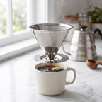 Stainless steel reusable pour-over cone dripper with stand over a mug on a white marble counter
