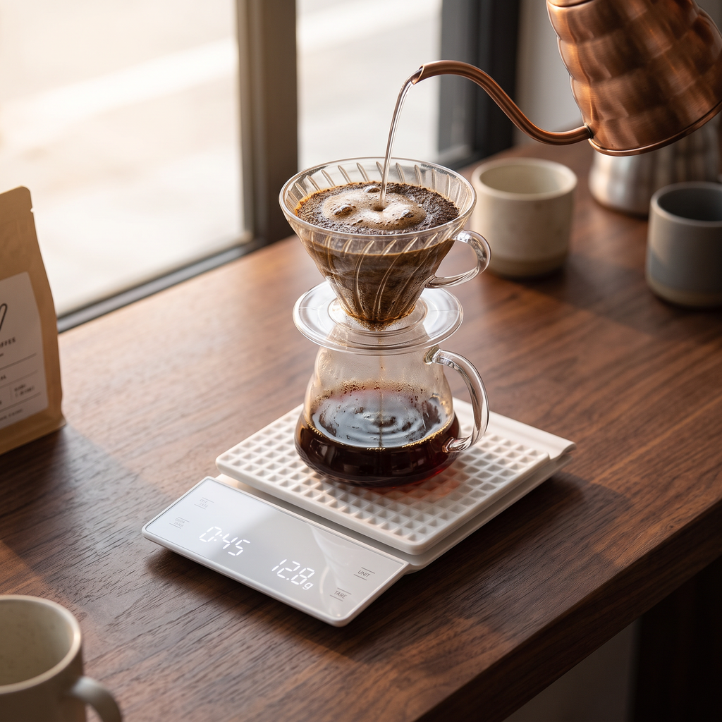 Pour over coffee scale with timer on a walnut cafe bar during a pour-over brew