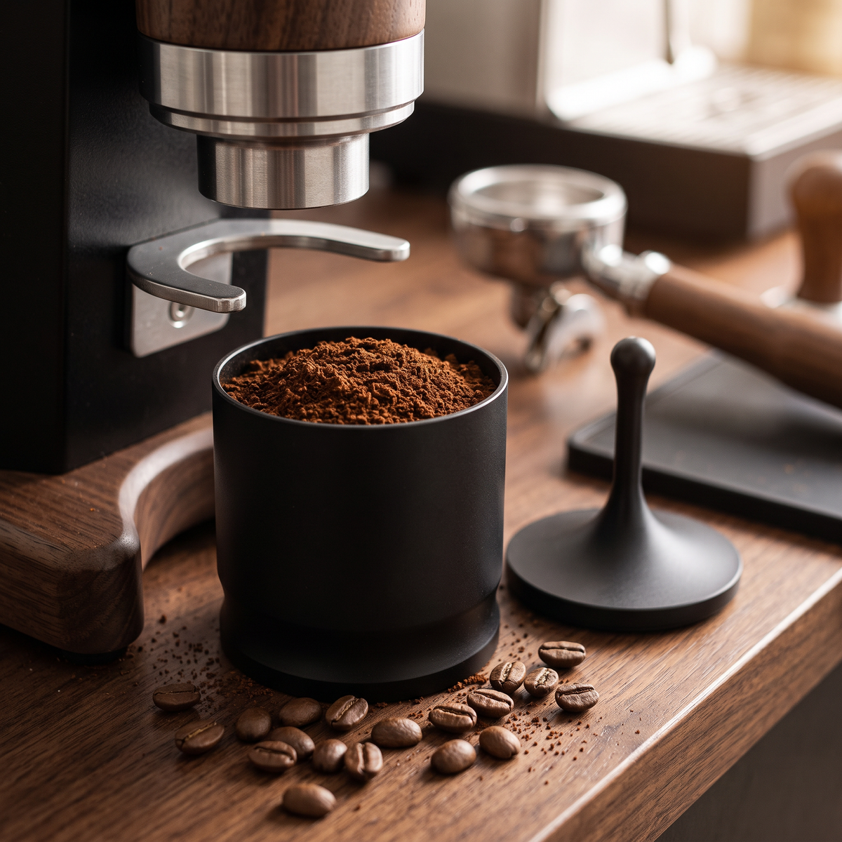 58mm black aluminum espresso dosing cup with lid under a coffee grinder on a walnut bar