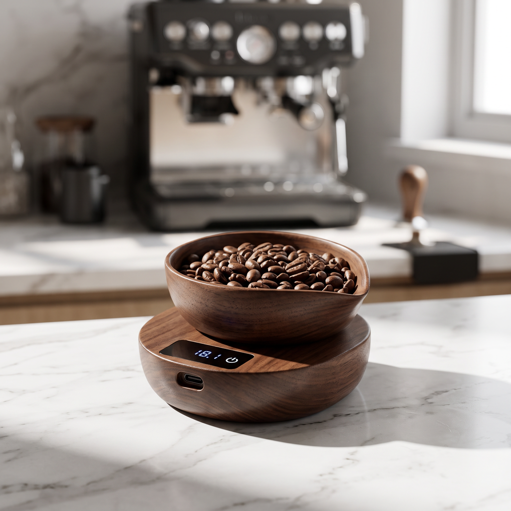Walnut espresso scale with bean dosing tray of coffee beans on a marble coffee bar