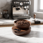 Walnut espresso scale with bean dosing tray of coffee beans on a marble coffee bar