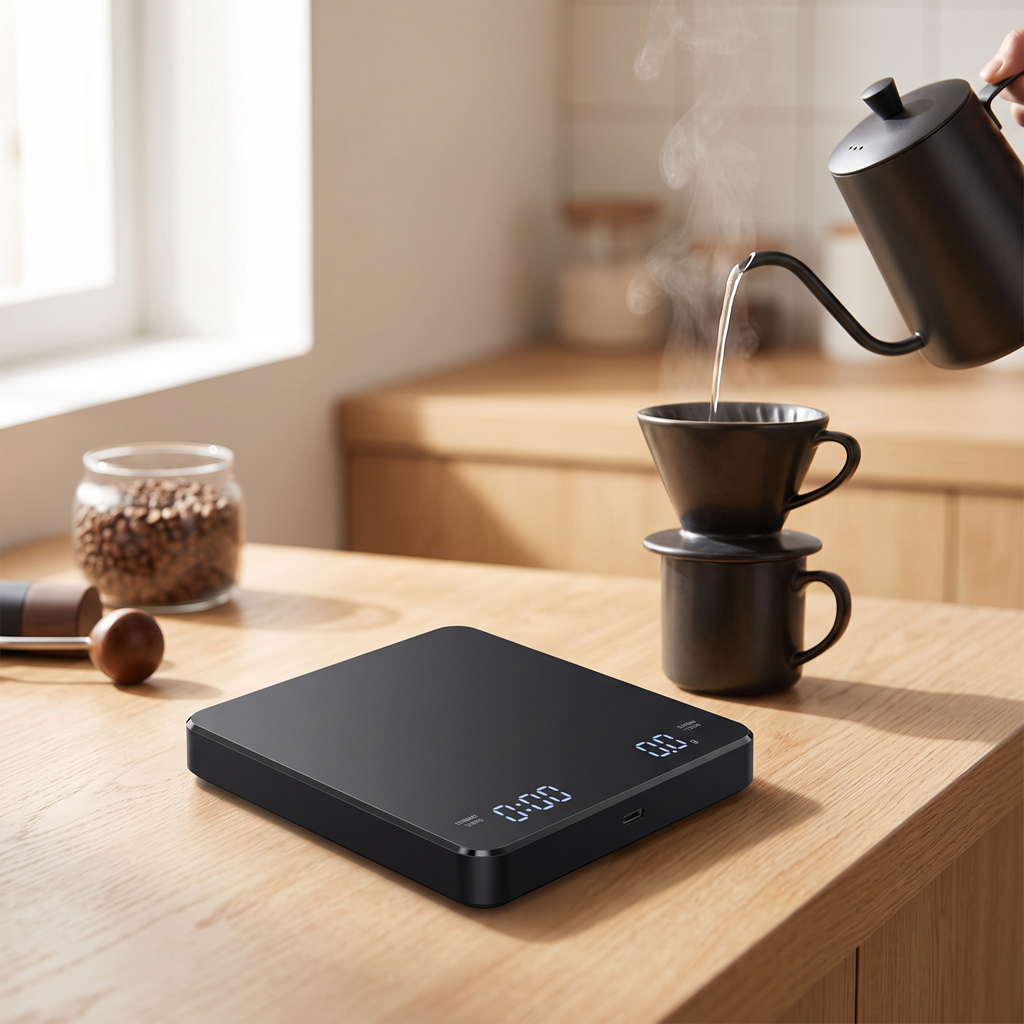 Compact rechargeable coffee scale with timer under a pour-over brew on an oak counter