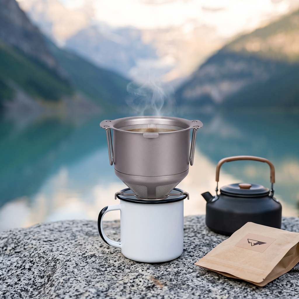Pure titanium mesh pour-over coffee dripper over a camping mug on a rock by a mountain lake