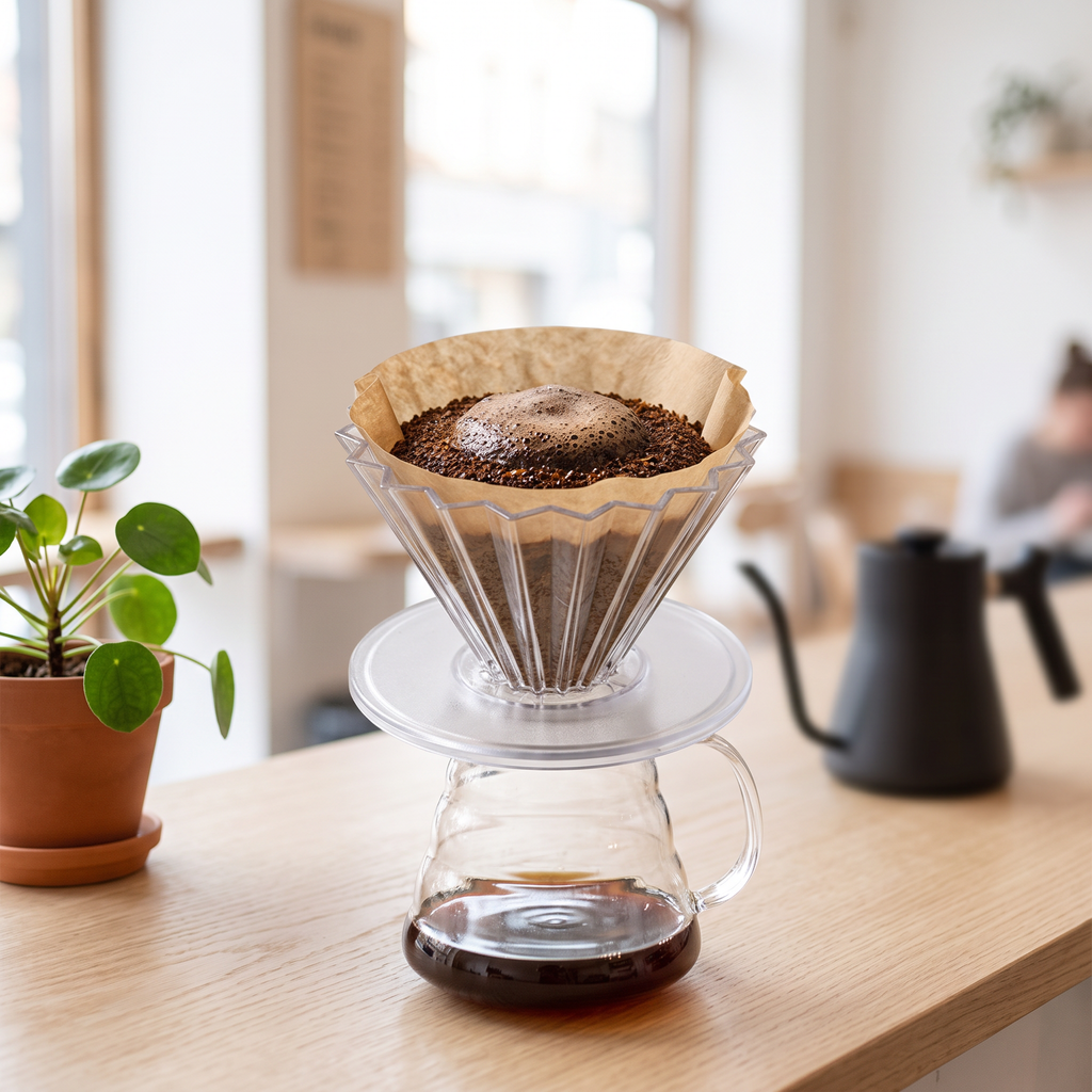 Resin origami-style pour-over dripper with stand on a light oak cafe bar during a pour-over brew