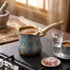 Stainless steel Turkish coffee pot cezve with foamy coffee beside a small cup and Turkish delight