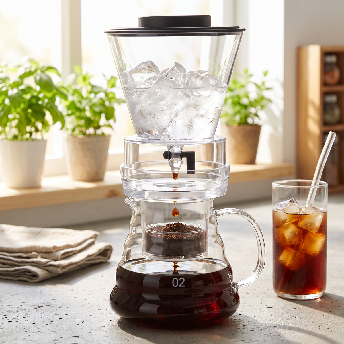 Glass cold drip coffee maker slow-dripping cold brew on a concrete counter with a glass of iced coffee