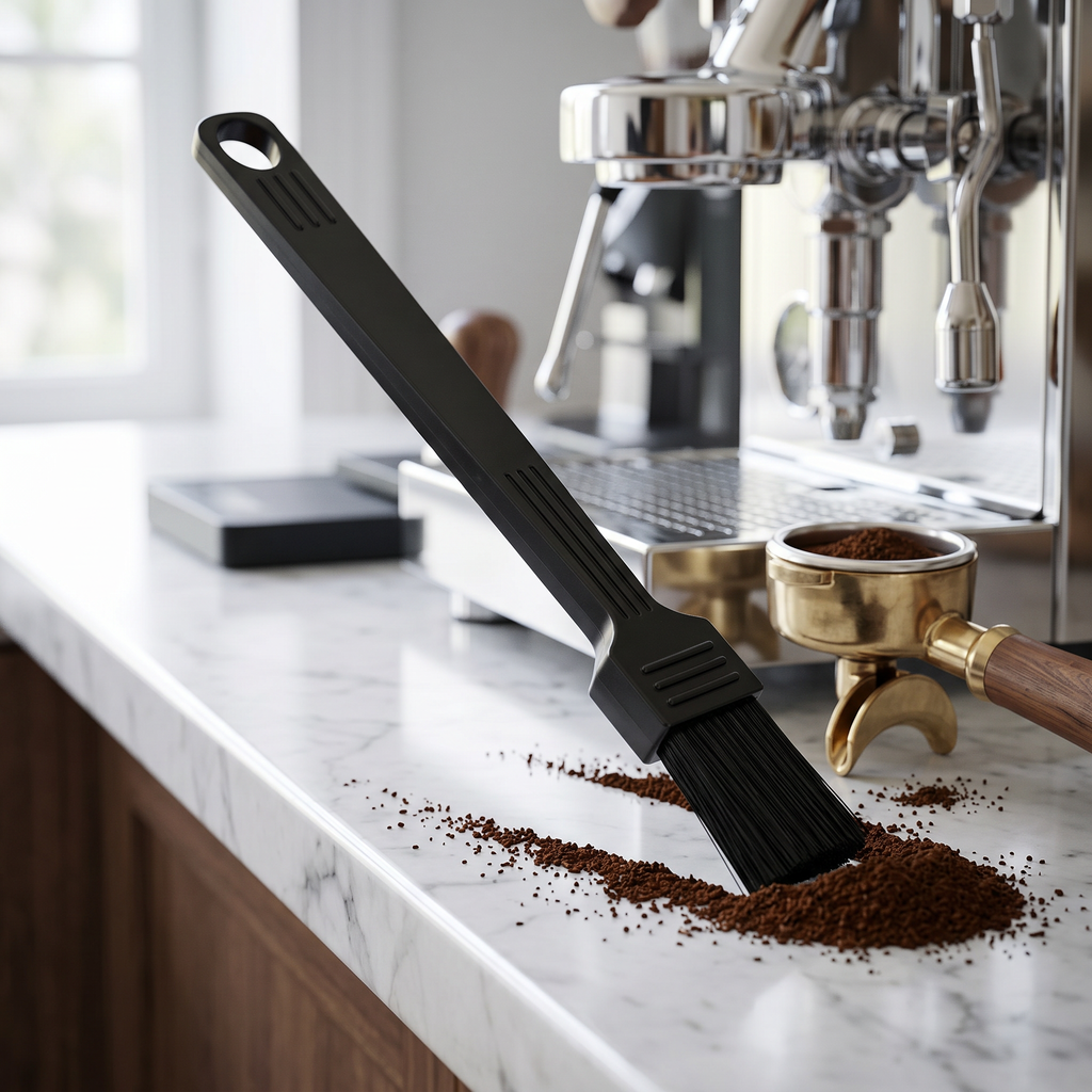 Long handle coffee grinder dusting brush on a marble espresso bar near the group head
