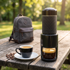 Portable manual espresso maker on an outdoor picnic table with a fresh espresso shot and crema