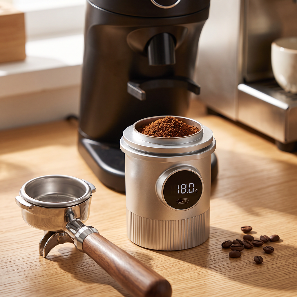 Espresso scale with stainless dosing cup under a burr grinder on an oak bar