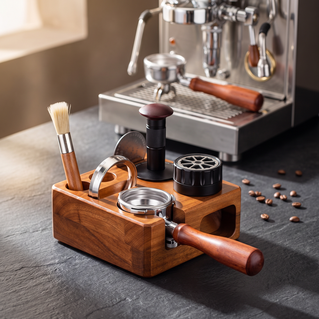 Solid walnut 58mm tamper station holding tools on a slate espresso bar