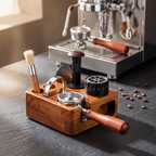 Solid walnut 58mm tamper station holding tools on a slate espresso bar