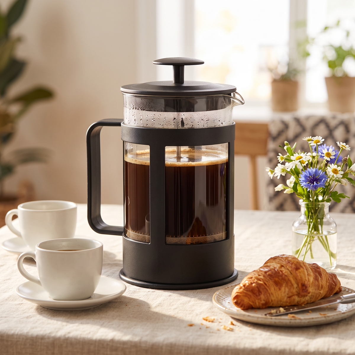 Glass French press with colored frame on a sunny breakfast table with cups and a croissant