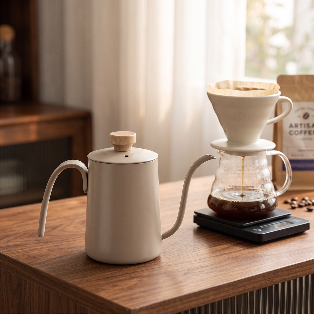Latte brown stainless gooseneck pour-over kettle on a walnut coffee bar beside a V60 dripper