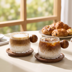 Set of 2 glass coffee cups and saucers with wooden ball handles holding latte and iced coffee by a window