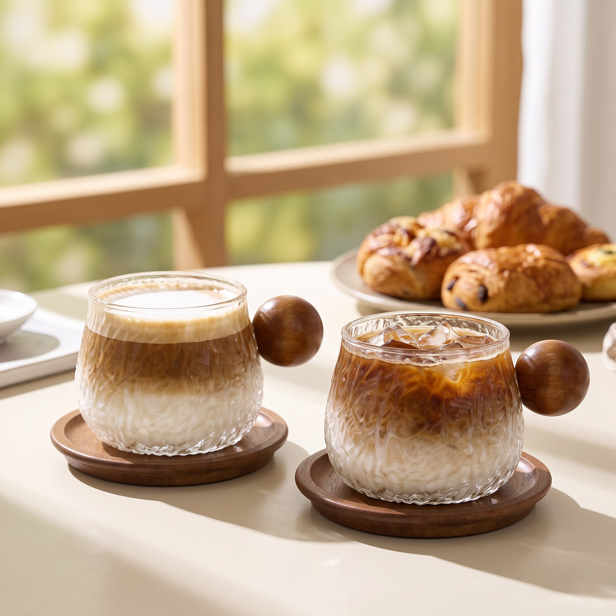 Set of 2 glass coffee cups and saucers with wooden ball handles holding latte and iced coffee by a window