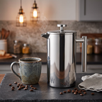 Double-wall insulated stainless steel French press on a slate counter with a mug of black coffee