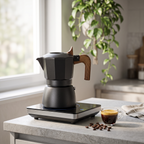 Dual-valve crema moka pot with wood-look handle on a stovetop beside a crema-topped espresso