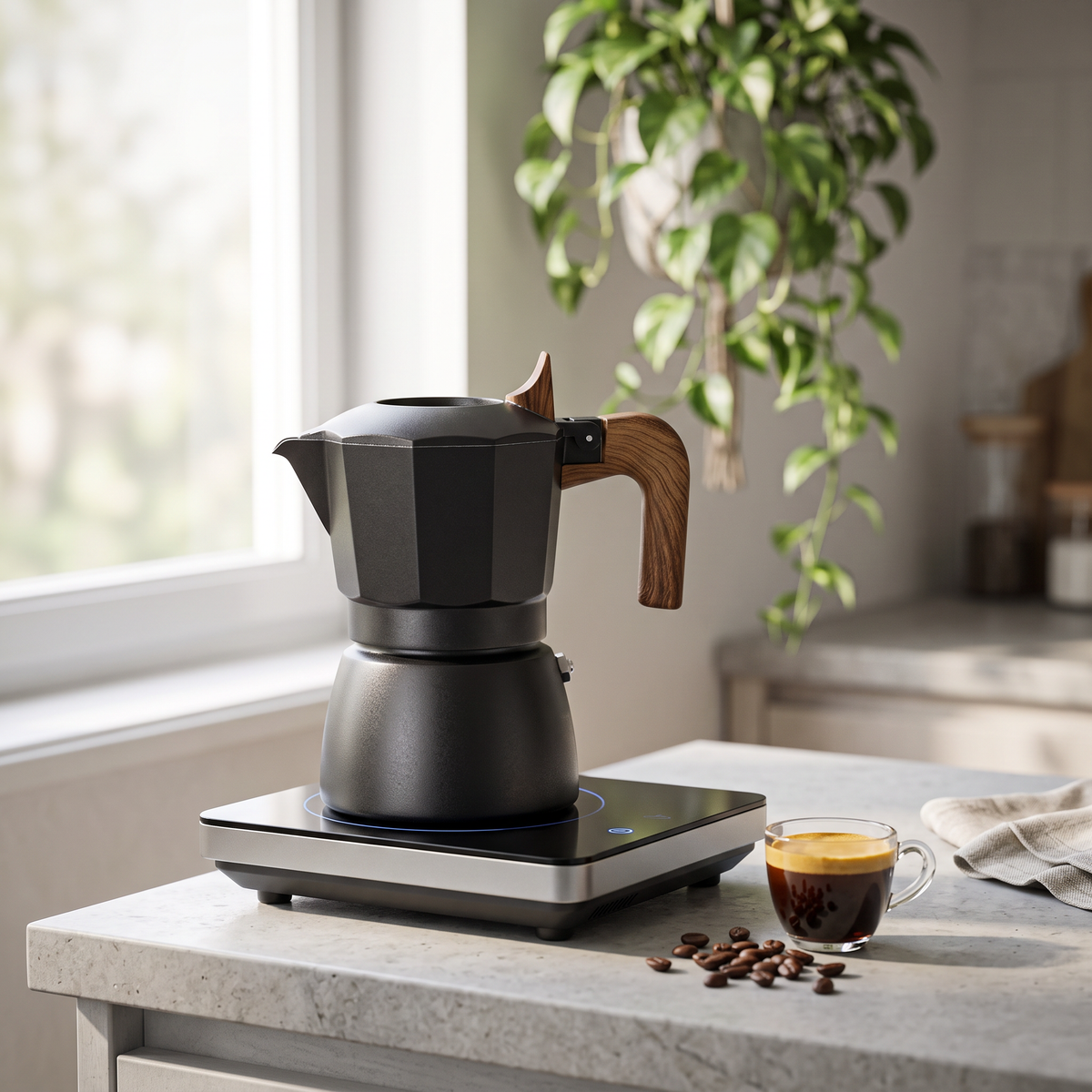Dual-valve crema moka pot with wood-look handle on a stovetop beside a crema-topped espresso