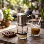 Vietnamese phin coffee filter dripping over a glass of condensed milk on a teak cafe table
