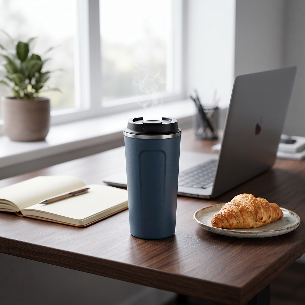 Vacuum insulated coffee mug with lid on an office desk beside a laptop