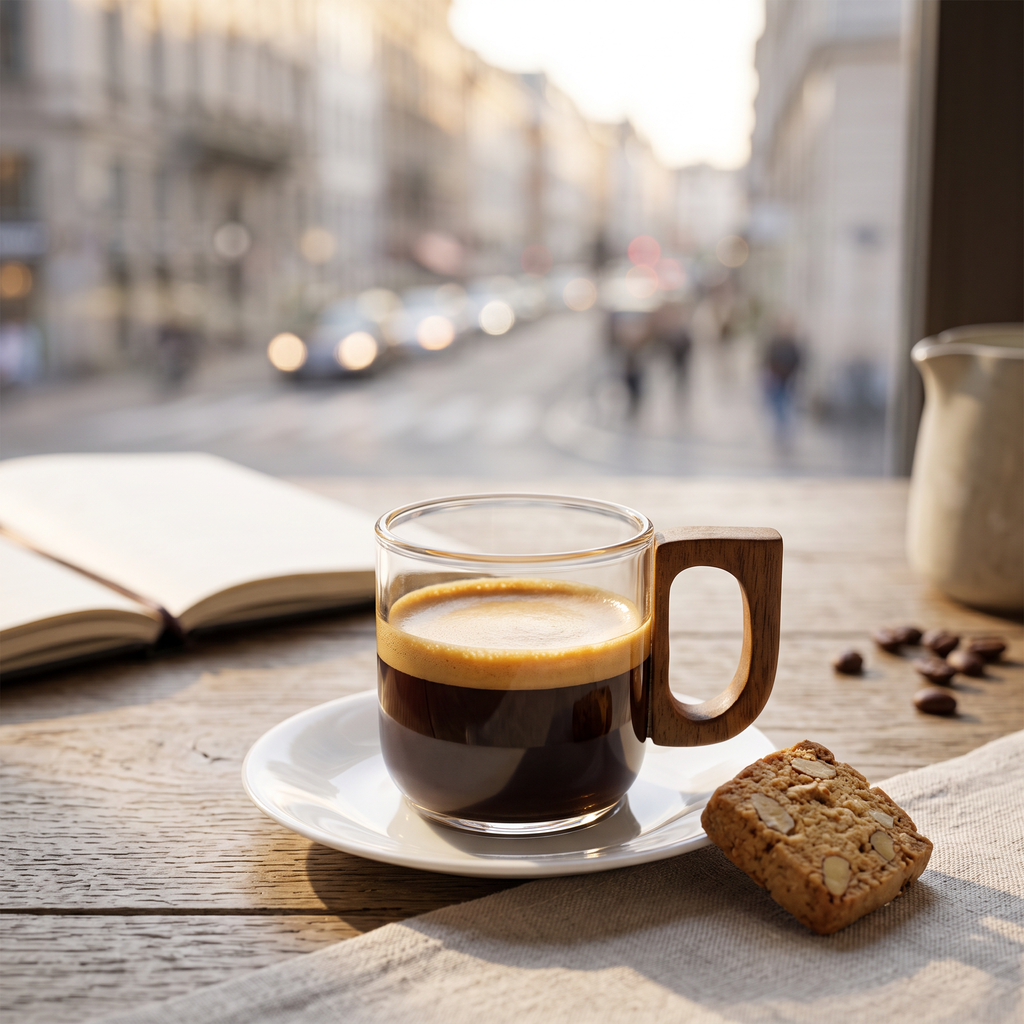 Glass espresso cup with crema on a sunny cafe window table