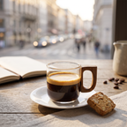 Glass espresso cup with crema on a sunny cafe window table