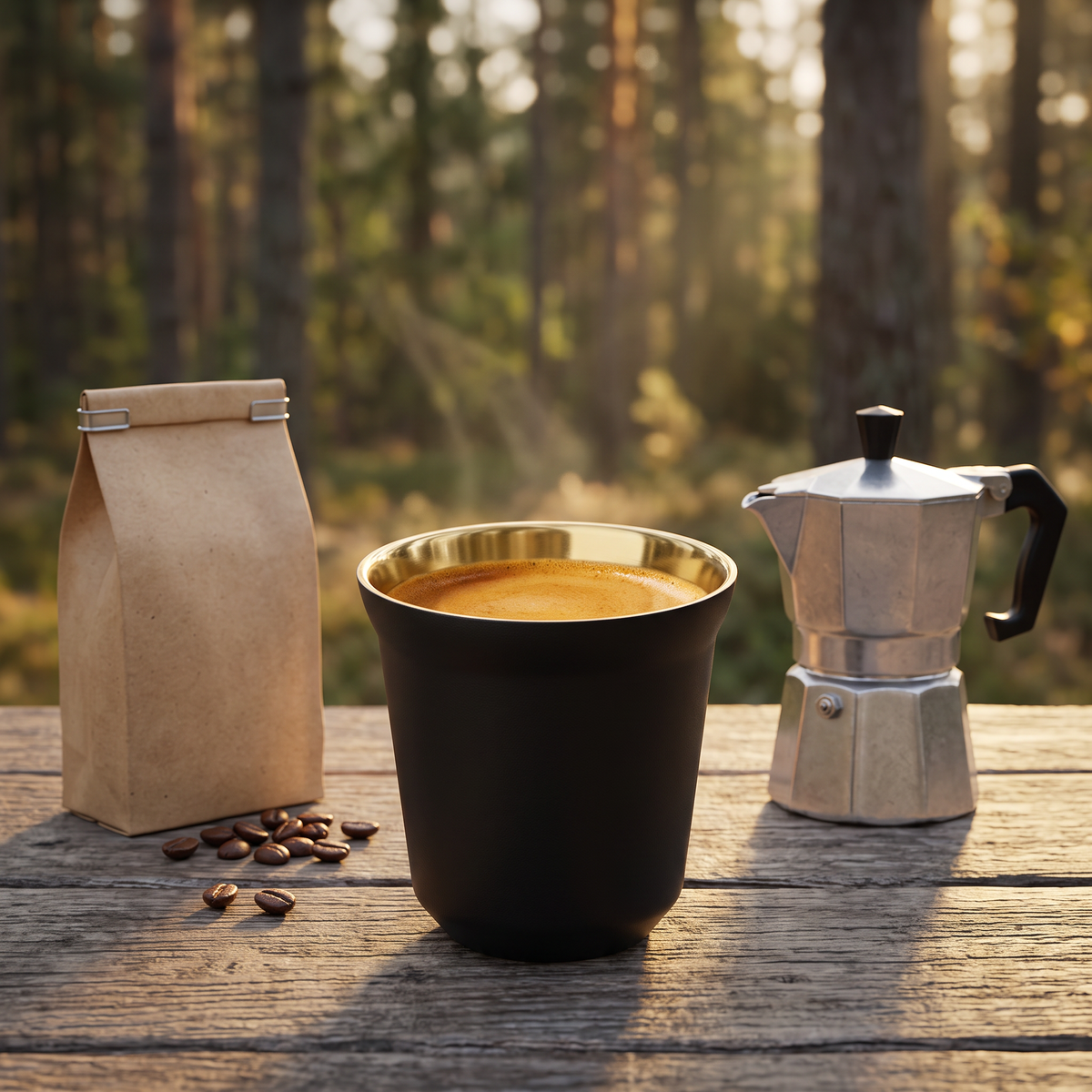 Double wall stainless steel espresso cup on a camp table at sunrise