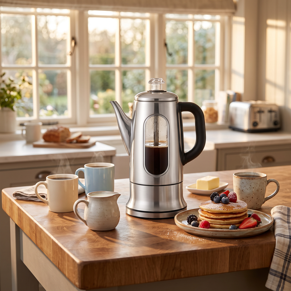 12-cup stainless steel electric coffee percolator on a butcher block island set for family breakfast