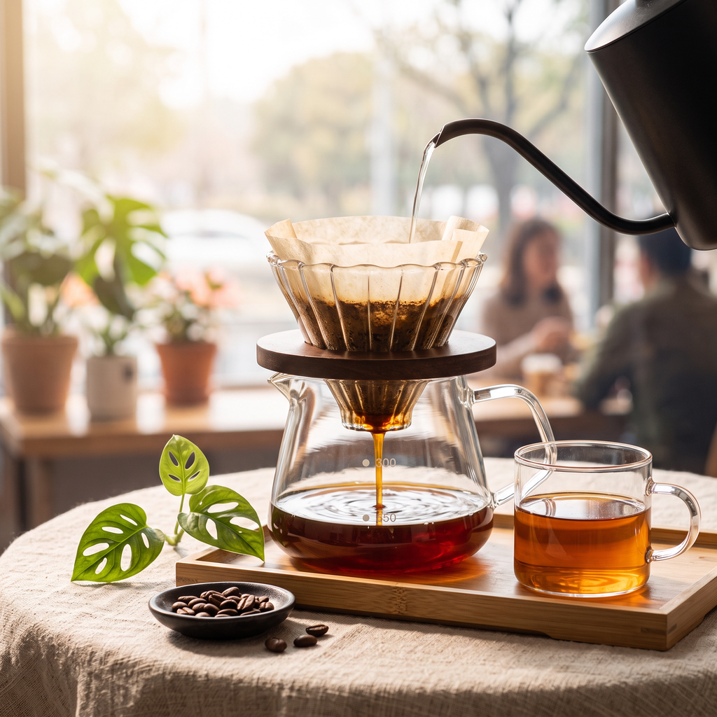 Glass pour-over coffee set with dripper, server and cup brewing by a sunny cafe window