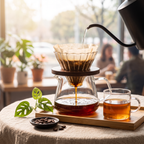 Glass pour-over coffee set with dripper, server and cup brewing by a sunny cafe window
