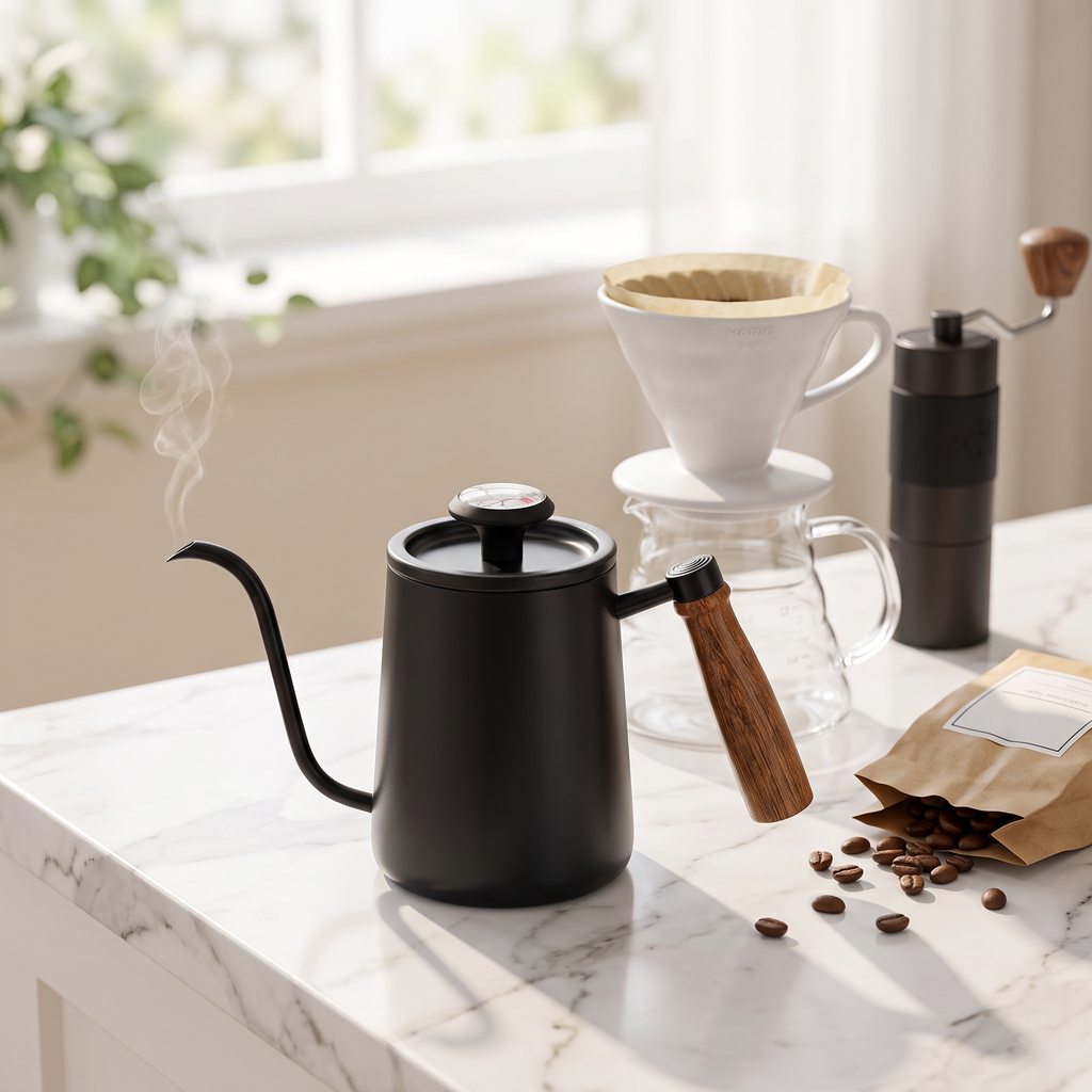 Stainless steel gooseneck pour over kettle on a marble counter beside a pour-over setup