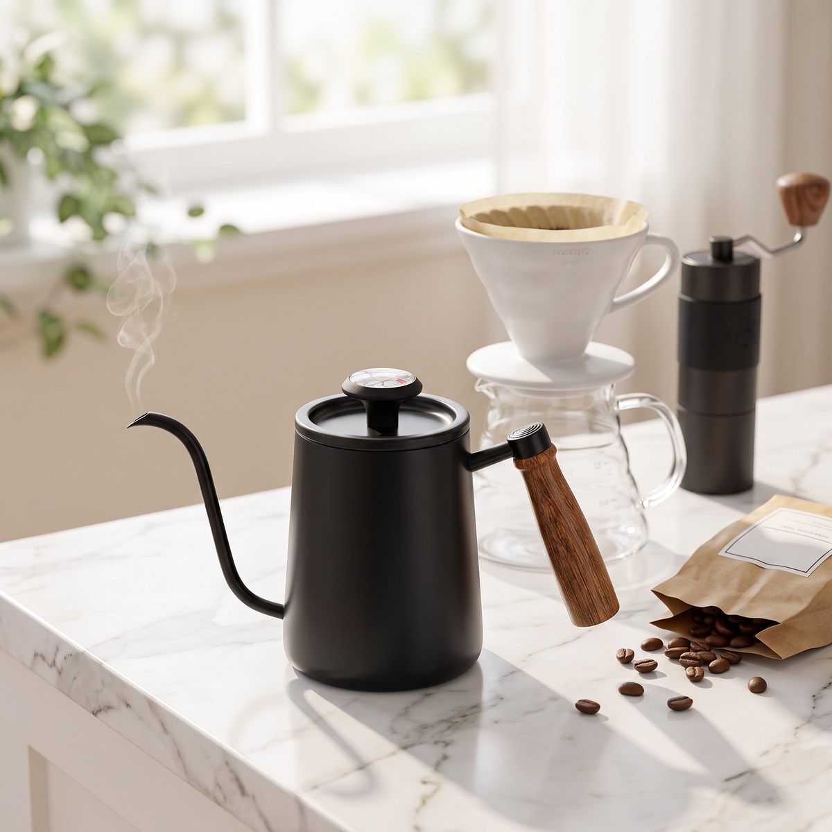 Stainless steel gooseneck pour over kettle on a marble counter beside a pour-over setup