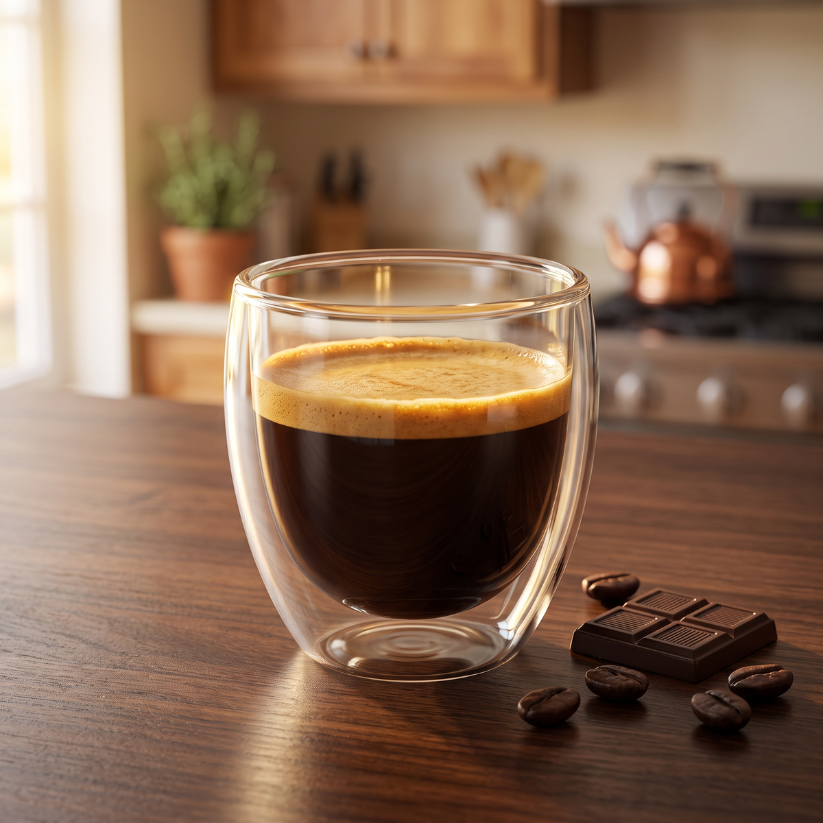 Double wall glass espresso cup with crema on a walnut breakfast table