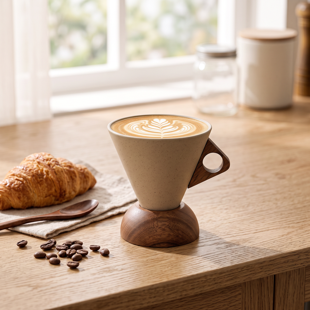 Handmade stoneware funnel latte cup on wooden base with latte art on a sunny breakfast table