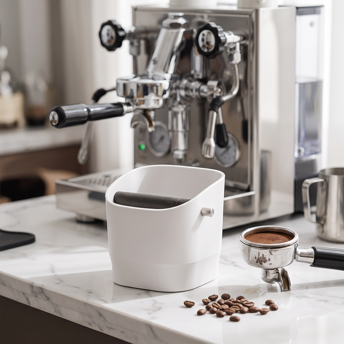 Espresso knock box bin on a white marble espresso bar beside a portafilter and coffee beans