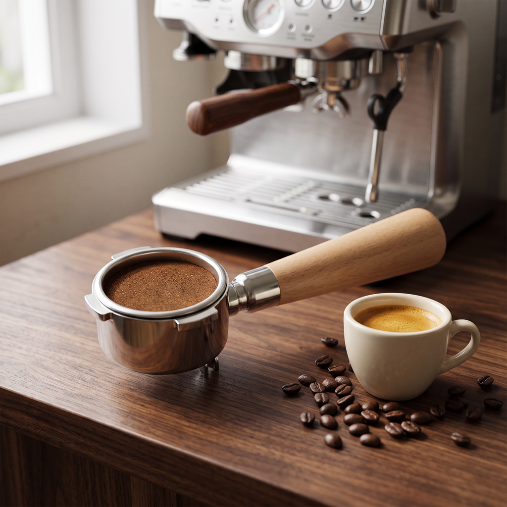 51mm bottomless portafilter with wood handle on a walnut espresso bar with an espresso shot