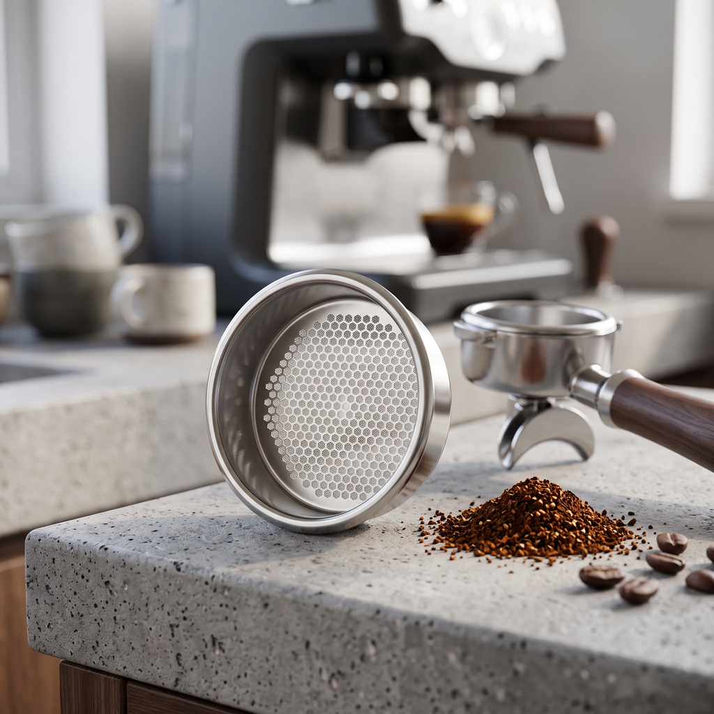 Precision stainless espresso filter basket on a concrete counter with ground coffee and portafilter