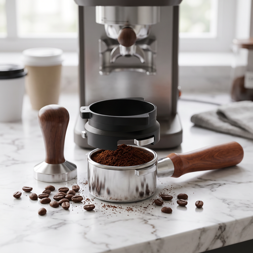 54mm espresso dosing funnel on a portafilter of fresh grounds under a grinder on white marble