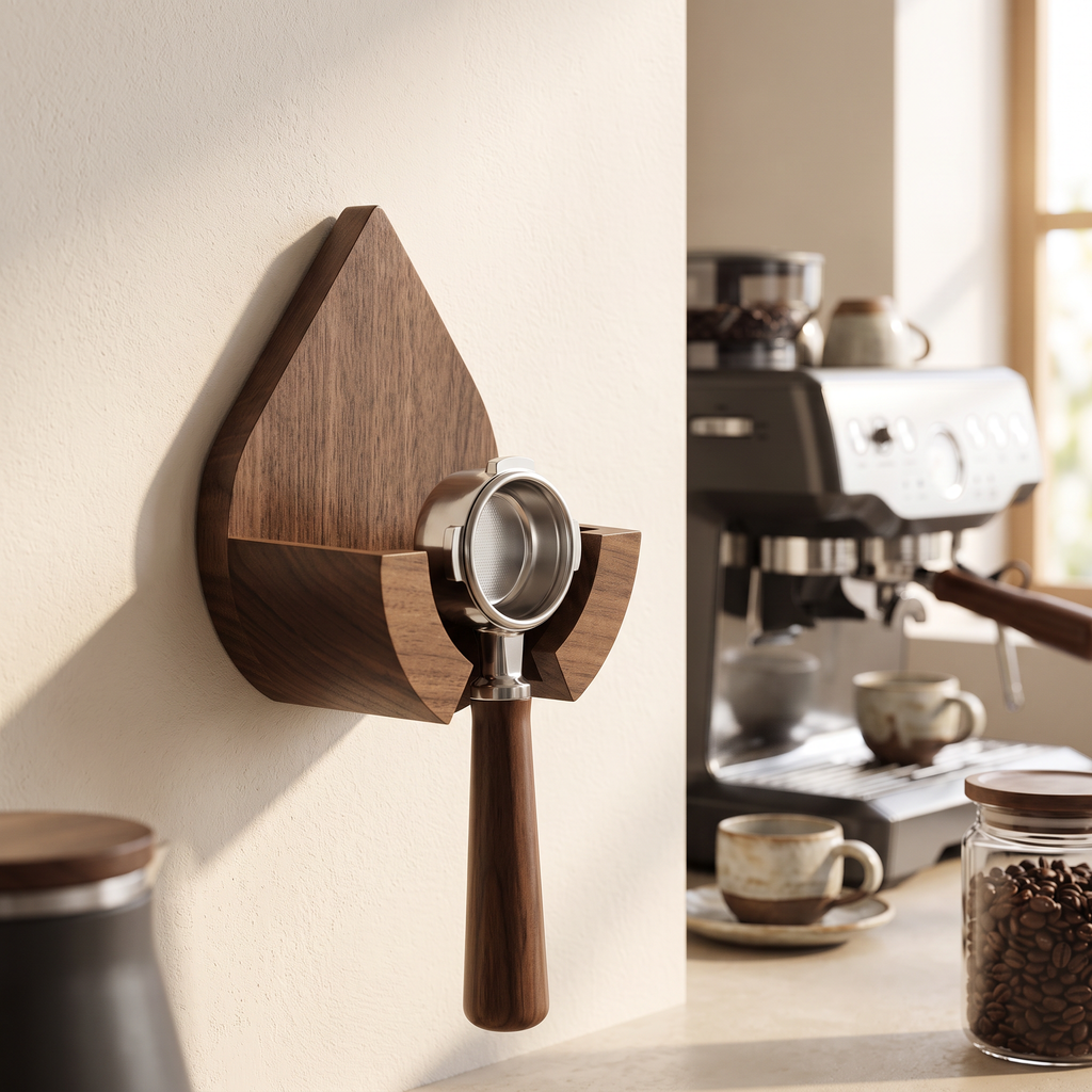 Solid wood portafilter holder rack mounted above a home coffee bar holding a portafilter