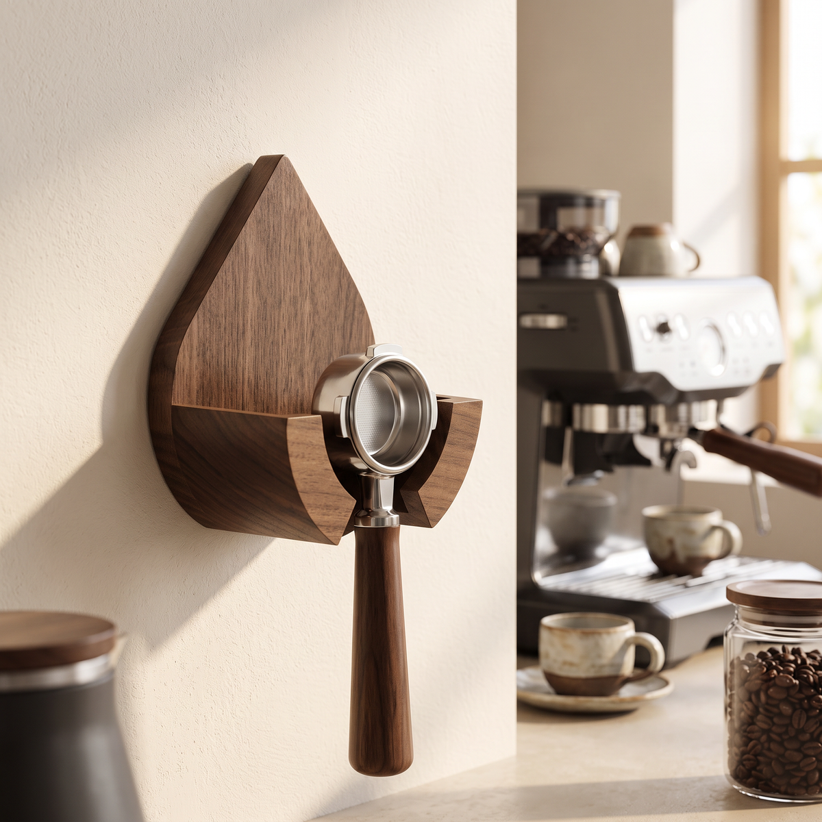 Solid wood portafilter holder rack mounted above a home coffee bar holding a portafilter