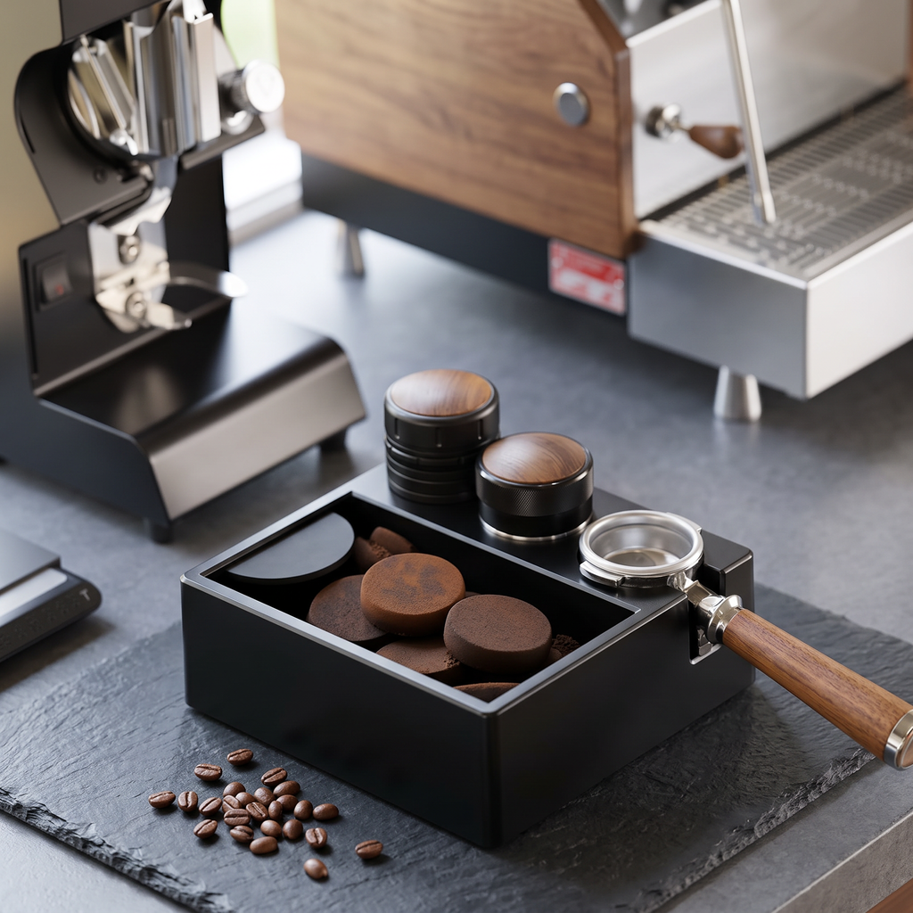 Espresso station organizer with knock box holding portafilter and tamper on a slate counter