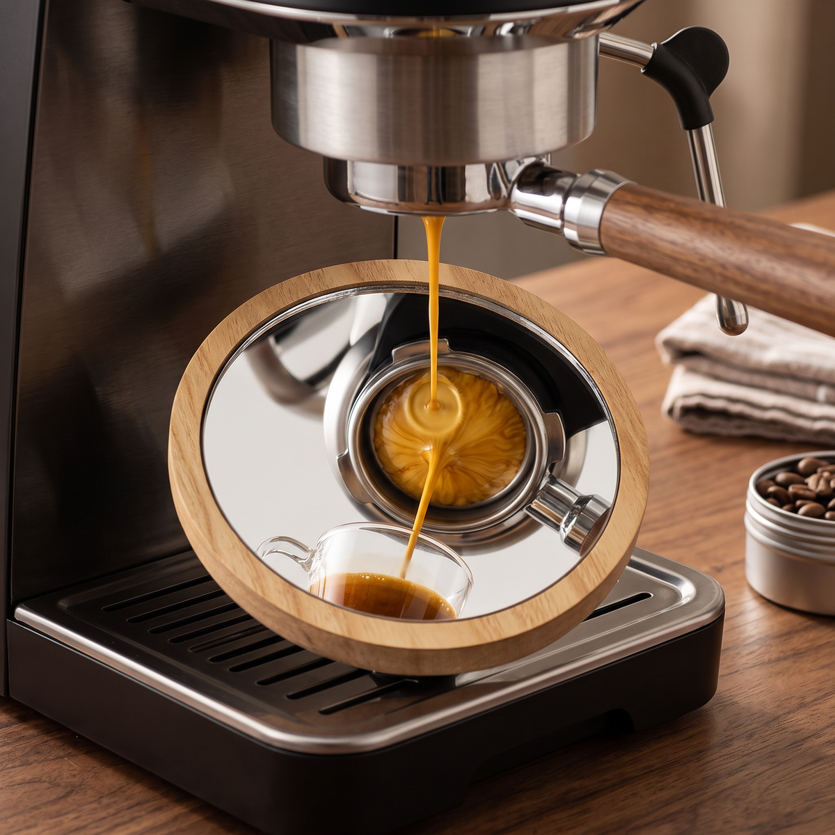 Swivel espresso shot mirror under a bottomless portafilter reflecting a golden extraction