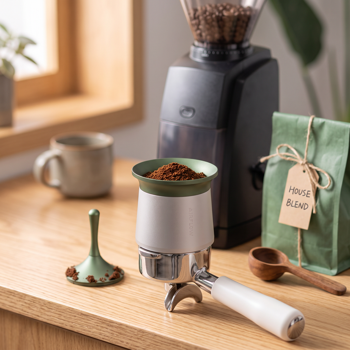58mm gyro airflow magnetic dosing funnel with fresh grounds beside a grinder on a light oak bar