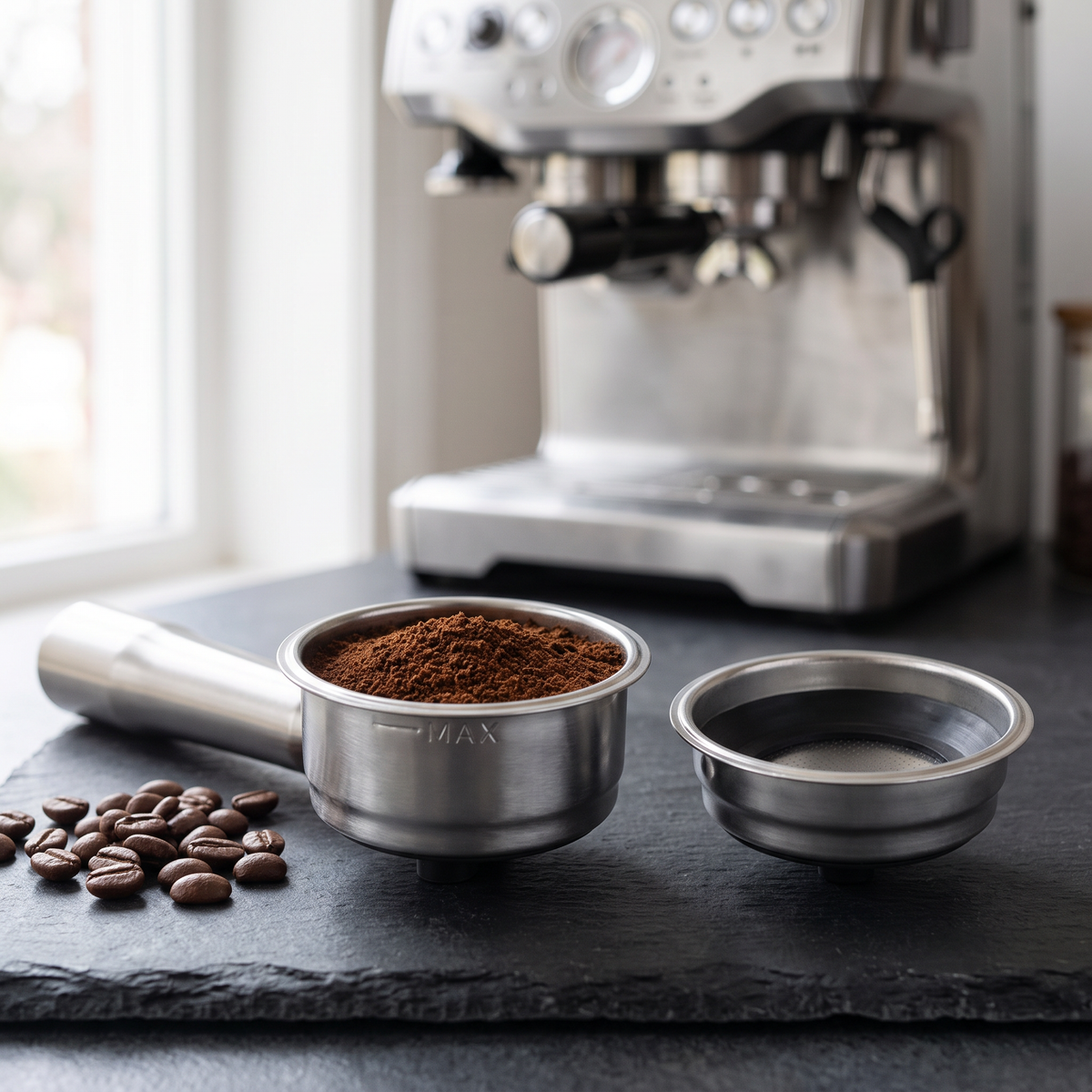 51mm single and double shot espresso filter baskets on a slate espresso bar with portafilter